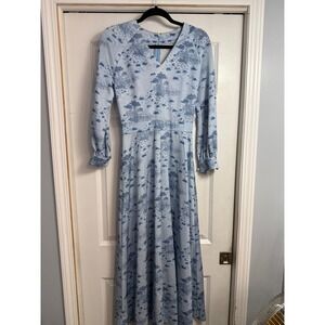 Vintage 70s Blue Landscape Toile Long Sleeve Maxi Dress Women's Size Small‎